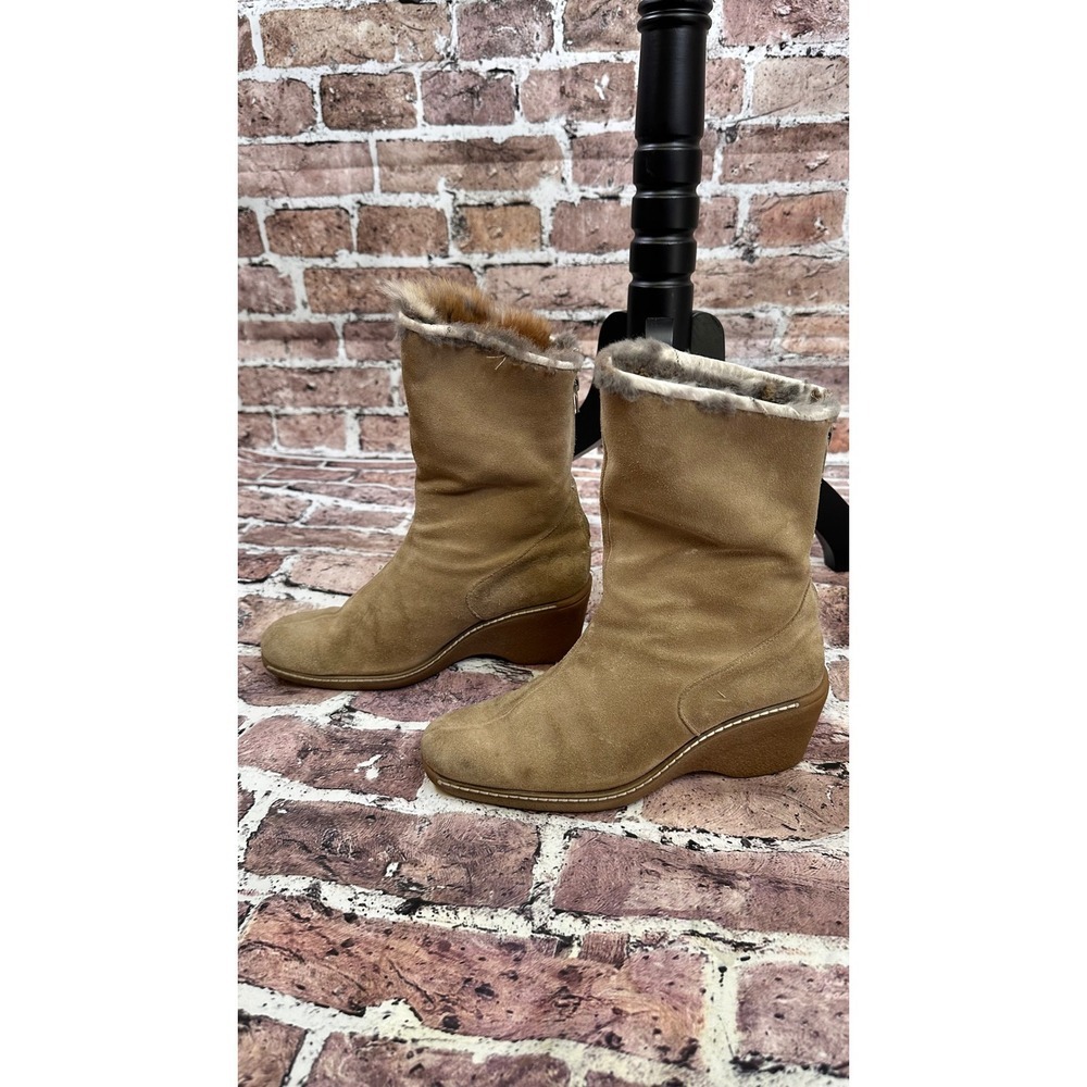 Maxine of Canada Suede Fur Trim Wedge Ankle Boots Tan Women's Size 8